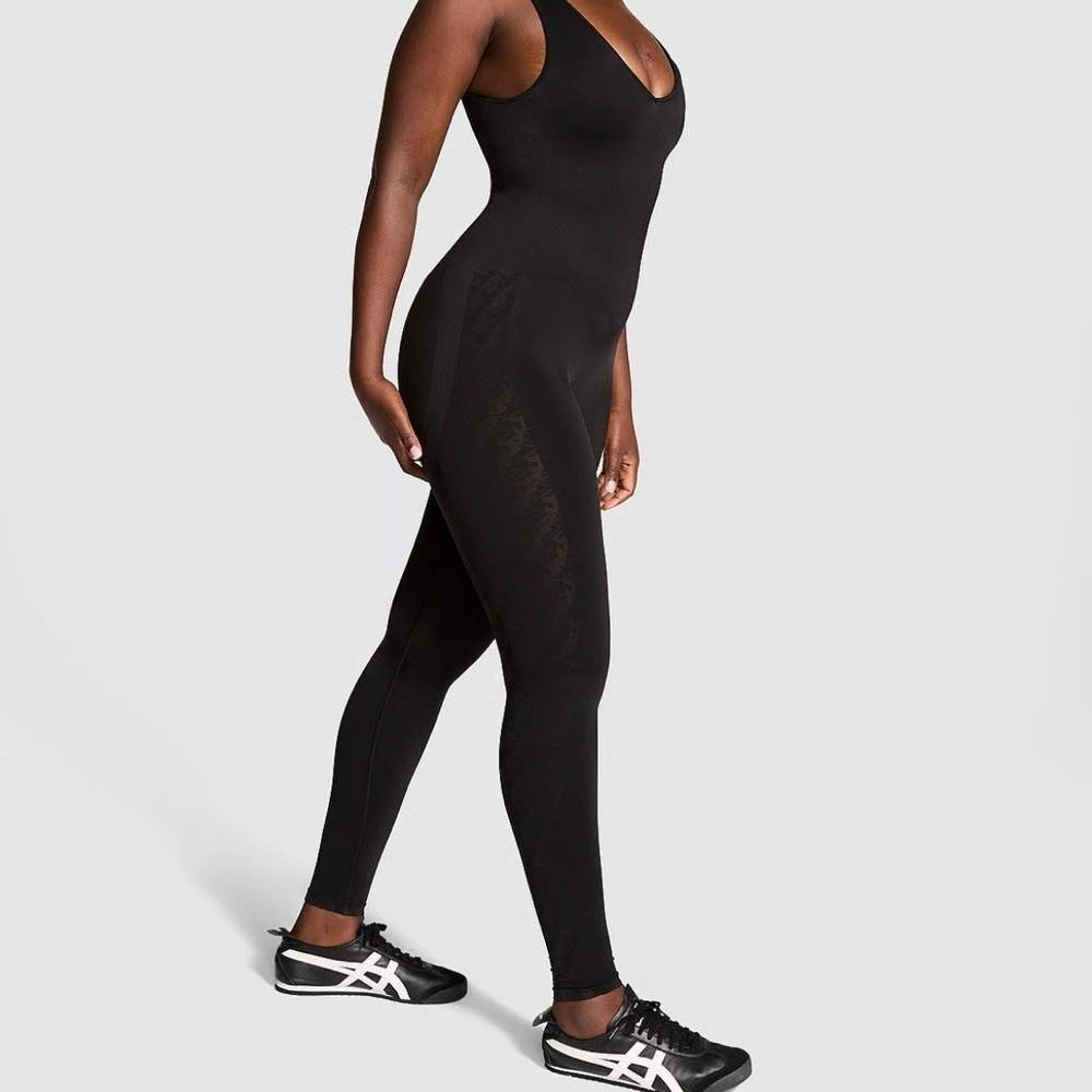 Victorias secret PINK Satin seamless Plunge Workout jumpsuit Black Size Small